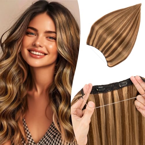 TESSHAIR Halo Hair Extensions Straight 100% Real Human Hair Invisible Wire Extensions for Women 55g 12 Inch #4P27 Medium Brown Mixed Dark Blonde