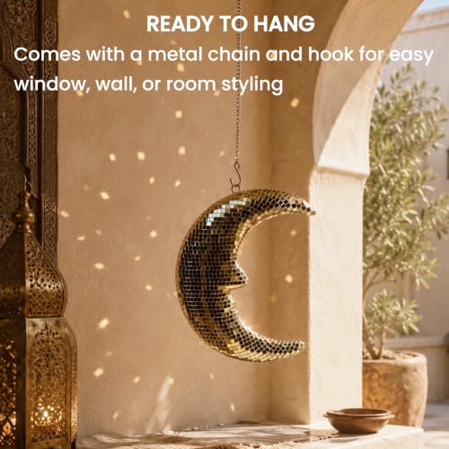 Image of Disco Ball Moon Decor 8.6 inch Gold Crescent Hanging Ornament with Chain & Hook | Reflective Disco Moon with Metal Chain and Hook, Crescent Decor for Wall, Window Hanging , Bedroom, Bar, and Holiday Decor