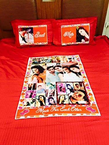 Kesar Enterprises Polycotton Solid Personalised Photo Double Bedsheet with 2 Personalised Pillow Covers (Bedsheet -90x100 inches, Covers -18x27 inches, Red)