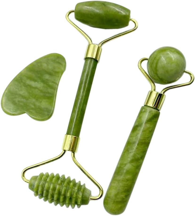 Rolos de Jade e Raspadores de Rosto Conjunto de Pedra de Jade para Cuidados com a Pele Facial