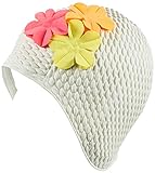 Swim Cap with Chin Strap and Floral Pattern - White / Pink, by AquaPro