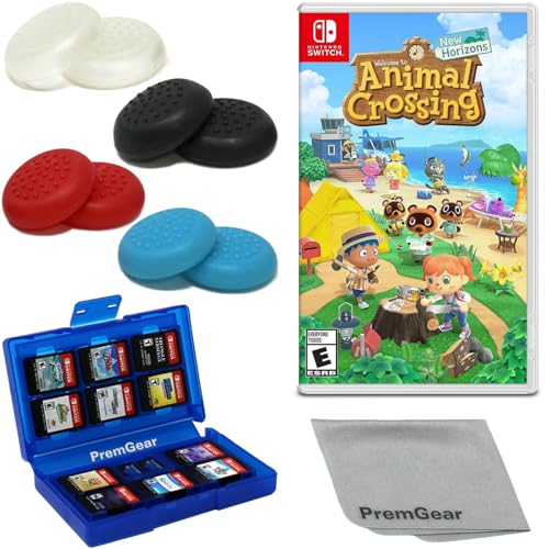 Animal Crossing: New Horizons - Nintendo Switch with PremGear 4 different Colors Thumb Grips (8 pack), 24 Slot Game Card Holder & Cleaning Cloth