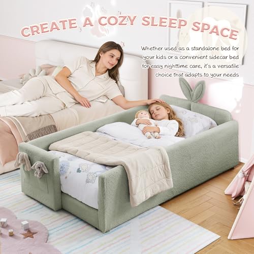 Image of Twin Size Bed Frame for Kids, Upholstered Daybed Frame Floor Bed with Safety Rails and Storage Pocket Cute Rabbit Ear Shaped Headboard for Kids Teens Boys Girls, Green
