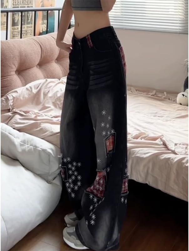 Women's Jeans Embroidered Patchwork Flare Pants Distressed Wash Wide Leg Denim High Waist Vintage Style Trousers - Image 3