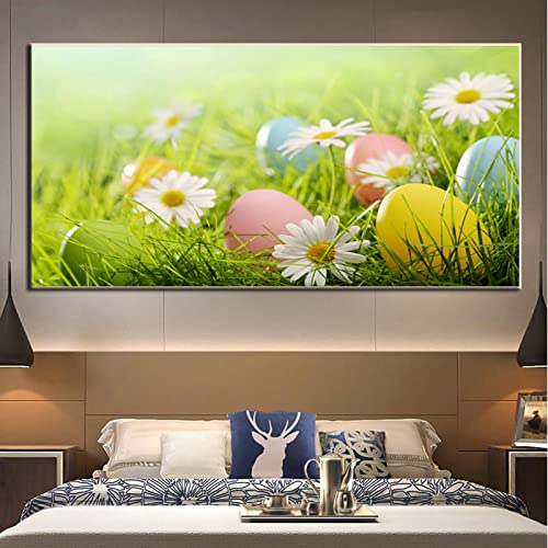 Toile peinture paysage de prairie aux oeufs colorés KEBIA 70x140cm déco salon