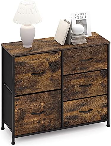 Storage Floor Cabinet with 5 Drawers Wide Chest of Drawers Vintage Sideboard Cupboard Storage Unit Dresser Organiser for Living Room Bedroom Hallway Kitchen Office Wooden + Steel Brown + Black