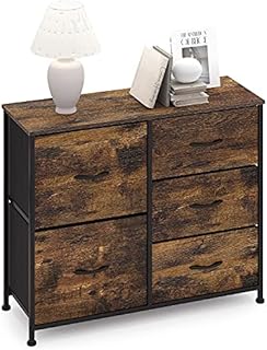 Storage Floor Cabinet with 5 Drawers Wide Chest of Drawers Vintage Sideboard Cupboard Storage Unit Dresser Organiser for Living Room Bedroom Hallway Kitchen Office Wooden + Steel Brown + Black