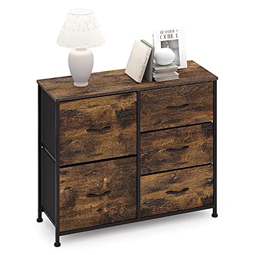 Cómoda con 5 Cajoneras Armario Almacenaje Mueble Organizador Vintage Aparadores Multiusos Gabinete de Almacenamiento para Dormitorio Entrada Recibidor Cocina Salon Marrón + Negra Acero + Madera