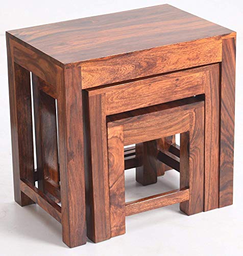 Image of Wooden Sheesham Wood Nesting Table Set of 3 Stools for Living Room | Side Table for Home & Kitchen, Living Room | Honey Finish
