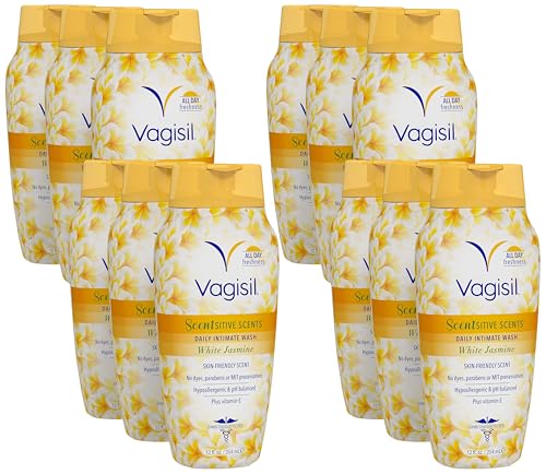 Image of Vagisil Feminine Wash for Intimate Area Hygiene, Scentsitive Scents, pH Balanced and Gynecologist Tested, White Jasmine, 12 oz (Pack of 12)