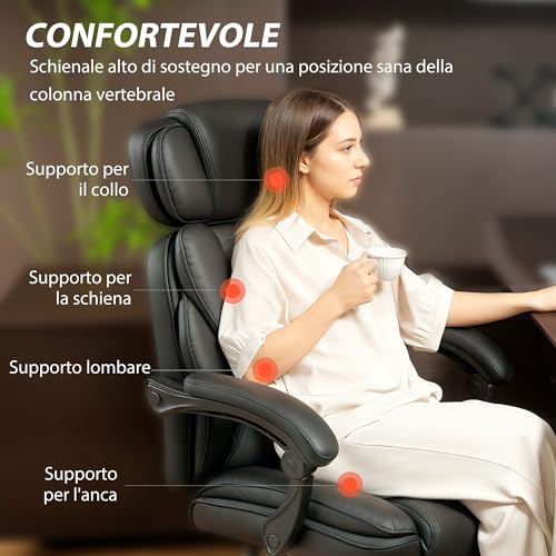 Sedia da Ufficio Ergonomica con Poggiapiedi e Supporto Lombare, in Pelle PU, Poltrona Direzionale Reclinabile 135° con Schienale Alto, Altezza e Poggiatesta Regolabile, Rotelle Girevole, Nero - Sedia gaming - Immagine 3