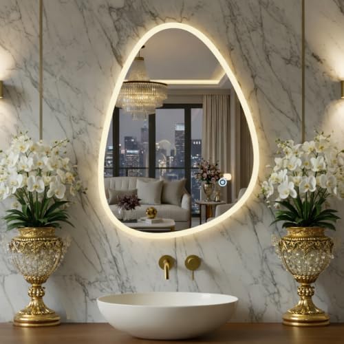 Image of LED Mirror for Bathroom, Washbasin and Office, 18x24 inch| Touch Sensor | Wall Mounted Elliptical Mirror with LED /3 Color Light Brightness Adjustable (Warm, White & Natural Light)