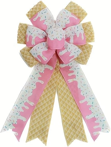 1 Pcs Large Summer Bows for Wreath, 17.8 Inch x 9.8 Inch Pink Ice Cream Bows, DIY Craft Bow for Front Door, Summer Party, Home Decor, Gift Wrapping, Porch Decoration