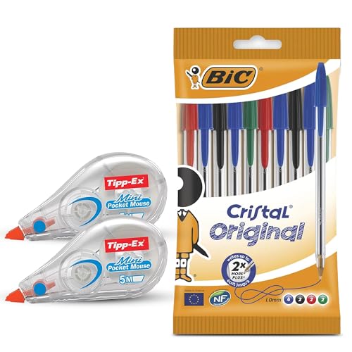 BIC Cristal Original - Bolígrafos de punta fina de 1,0 mm en colores surtidos, paquete de 10 y 2 rodillos de cinta correctora Tipp-Ex de 5 mm x 5 m para correcciones rápidas