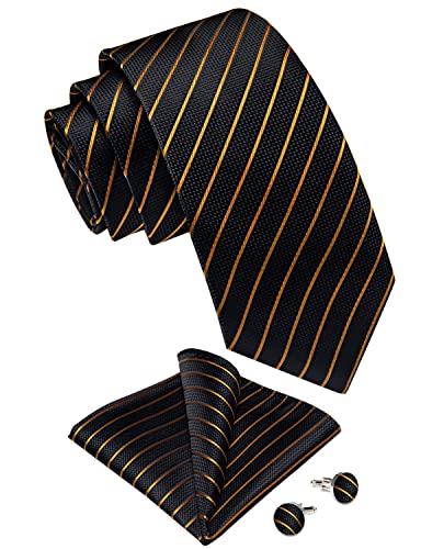 Image of DiBanGu Striped Tie Set for Men Silk Woven Plaid Necktie and Pocket Square Cufflinks Business Wedding
