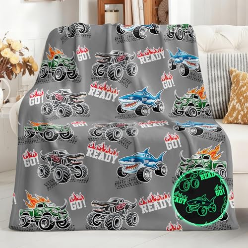 Image of Truck Shark Glow in The Dark Blanket Truck Toys Gifts for Kids Boys Teens Age 1-16 Years Old Toddlers Birthday Christmas Halloween Excavator Construction Tractor Car Throw Room Decor Grey 50 inchx 60 inch