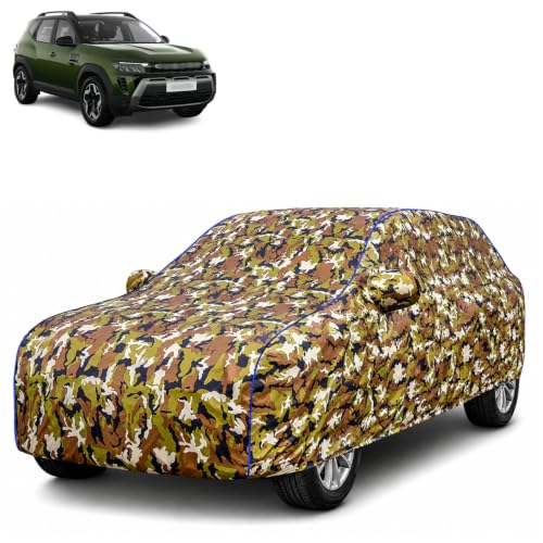 Image of Waterproof Car Body Cover for Renault Duster 2026 with Mirror Pocket| Cotton Inner Lining | Triple Stitched | All Weather Protection | Dust, UV & Rain Proof (Camouflage with Blue Piping)