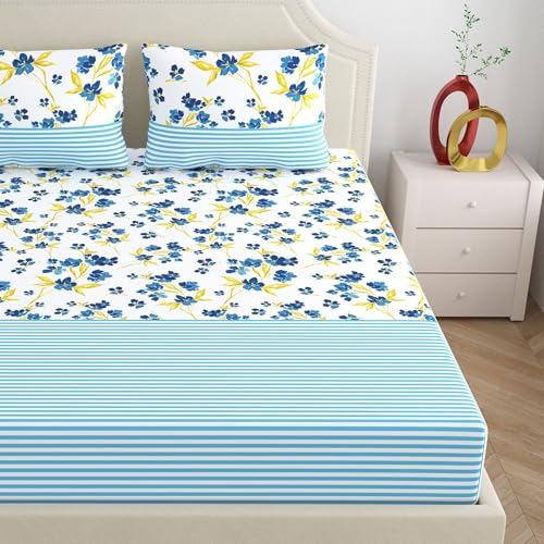 Image of Home Ecstasy 100% Cotton King Fitted Bedsheet with 2 Pillow Covers - (Size 72 x 78 inches, 140 TC, Colour - Blue)