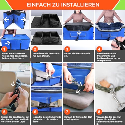 Babenest Hunde Autositz, Sehr Stabiler Mehrere Haustiere Auto Erhöhter mit Sicherheitsgurt für Mittlere Hunde, Faltbare Waschbarer und Große Kapazitäter Auto Hundekorb für Rücksitz (Blue, L)