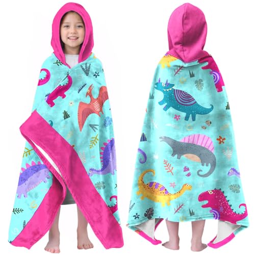 Image of Dinosaur Girls Beach Towel with Hoodie for Kids Toddlers Age 4-8, Pink Bath Towels Shower Wrap for Girls, Hooded Poncho Beach Blanket for Pool Swimming Cute Wearable Bath Towel for Child