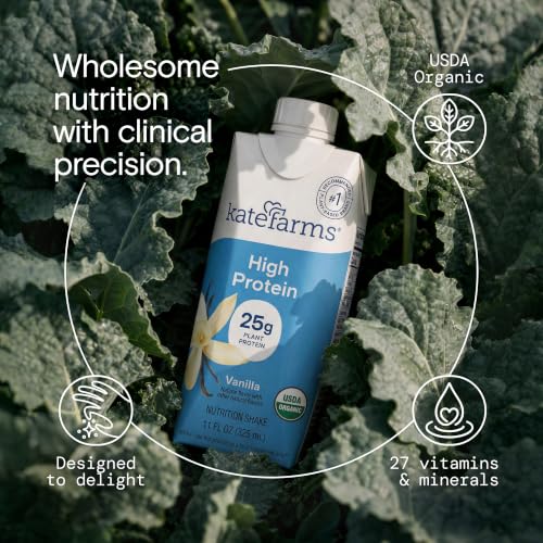 Image of KATE FARMS Organic High Protein Vanilla Nutrition Shake, 25g Protein, 6g Fiber, 27 Vitamins and Minerals, 0g Sugar, Protein Drink, 11 oz (12 Pack)