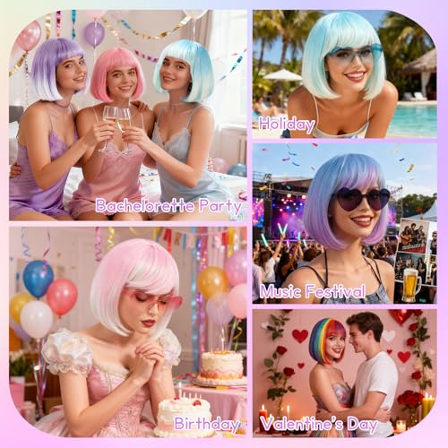 Image of PLULON Purple White Ombre Bob Wig with Bangs for Women Men, Colorful Short Funny Bob Wigs with Heart Sunglasses and Hair Cap Colored Cosplay Hairpieces for Halloween Costume Neon Bachelorette Party