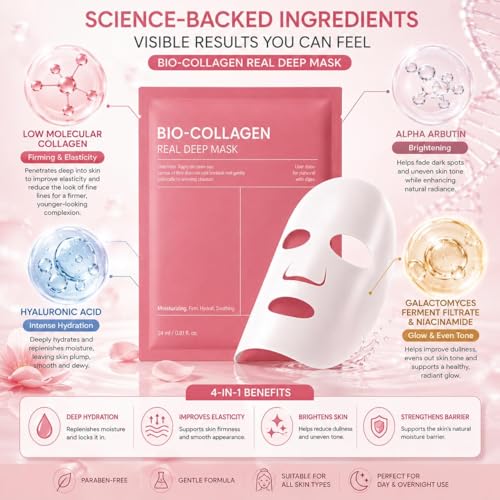 Image of (Pack of 1) Bio Collagen Sheet Mask Overnight Face Mask - Korean Hydrogel Collagen Face Mask Sheets with Hyaluronic Acid & Alpha Arbutin for Glowing Skin, Brightening, Hydration, Firming & Glass Skin Care & Elasticity Support
