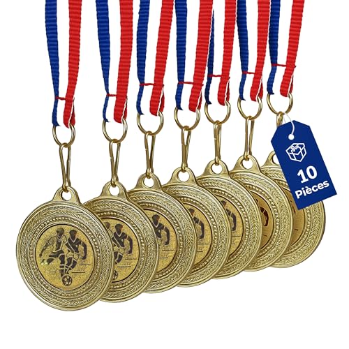 Pokal-Fabrik – Lot de 10 médailles de Football dorées en métal avec Ruban Bleu-Blanc-Rouge – Médailles pour Enfants, Clubs et Tournois – Idéal pour...