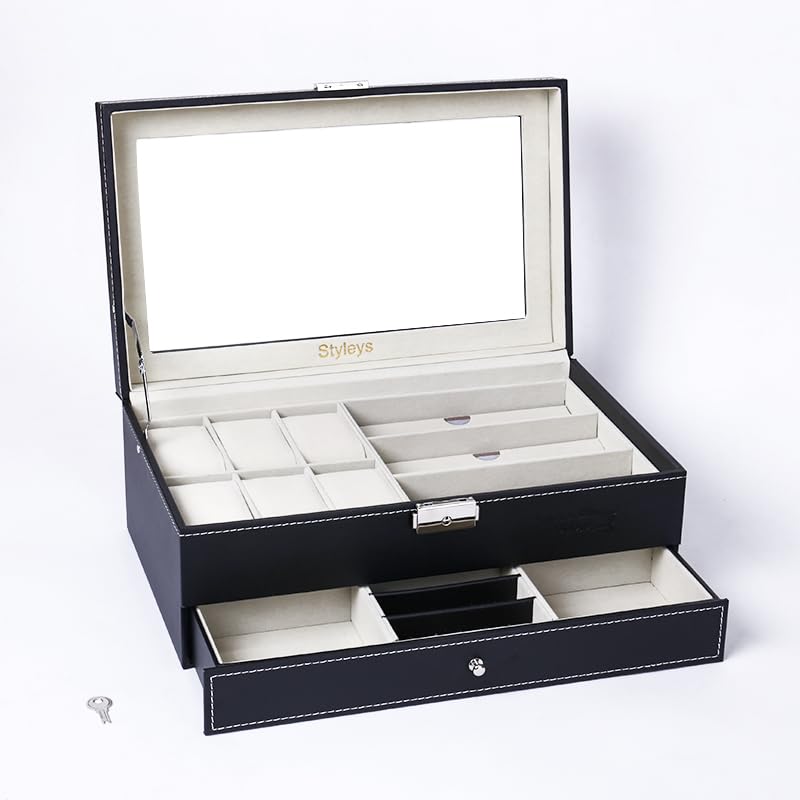Styleys Wrist Watch Display Box Storage Holder, Watch Case, Watch and Sunglasses Organizer for Men, Jewelry Dispay Watch Box (W117, Black)