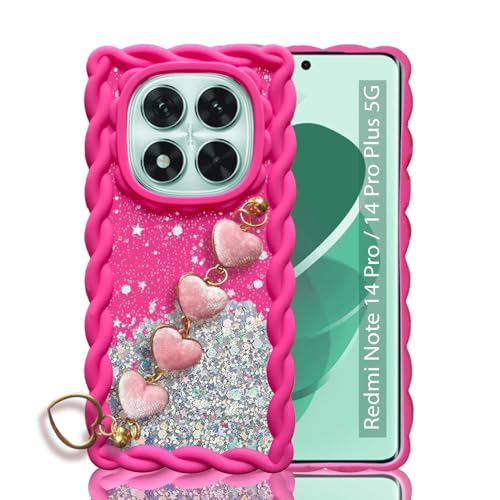 Image of KC Back Cover for Redmi Note 14 Pro 5G / 14 Pro Plus 5G - Cream Wave Dry Fixed Starry Glitter Fur Heart Bracelet Chain Shockproof Soft Bumper Silicone Case with Camera Protection (Pink)