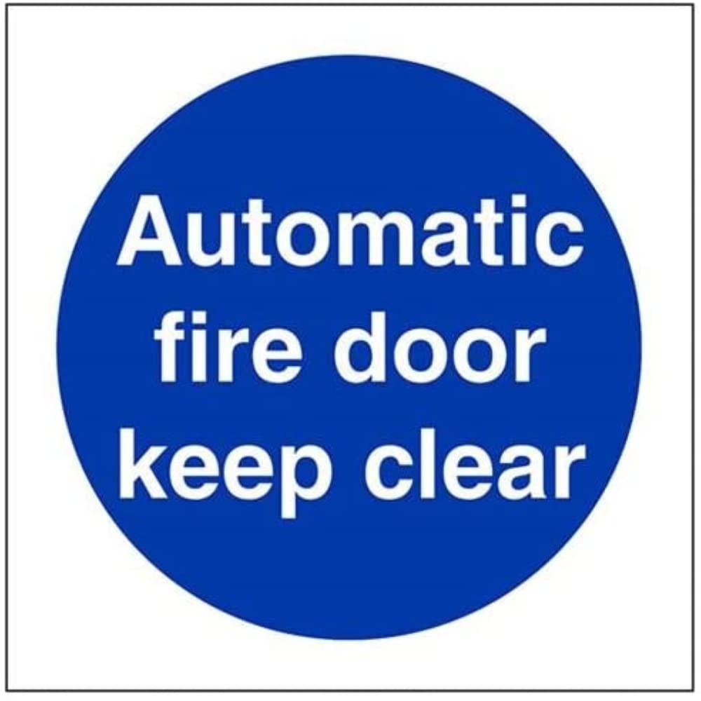 V Safety 18002AE-R Automatic Fire Door Keep Clear Mandatory Sign - Square - 80mm x 80mm - 1mm Rigid Plastic, Blue