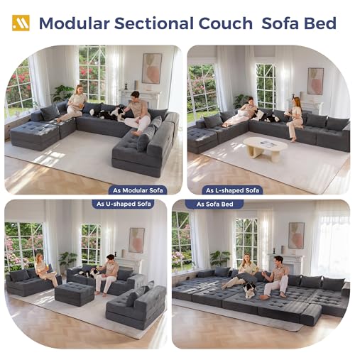 Image of MAXYOYO Modular Sectional Sofa Couch, Foldable Oversized U Shaped Cloud Couch with Pillows, Tufted Boneless Lounger Floor Sofa Bed for Living Room, No Assembly Required, Dark Grey