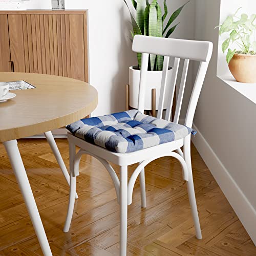 Image of Encasa XO Chair Cushions 40x40 cm with Ties 4 pcs - Buffalo Blue Checks - Stripe Cotton Fabric, Rich Square Seat Cushions Micro-Fiber Filling, Large Size for Sitting, Sofa, Dining Table & Outdoor