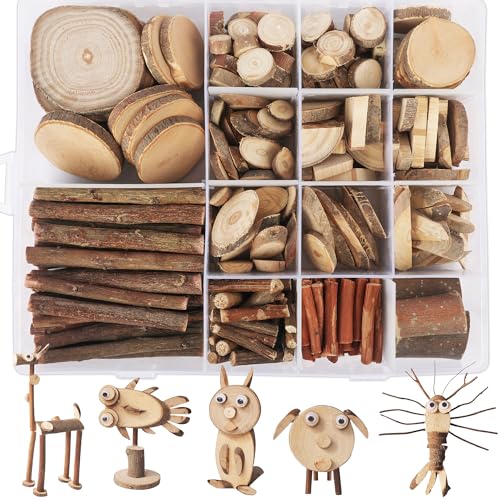 SOSMAR Natürliche Holzstücke zum Basteln & Dekorieren Unbehandelte Holzscheiben Holzstäbchen Holzzweige DIY-Set für kreative Projekte mit Wackelaugen selbstklebend