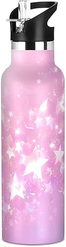 Miniatura 1 de Glittering Stars Baby Peach - Botella de agua para niños a prueba de fugas y sin BPA con popote aislado al vacío para gimnasio y deportes