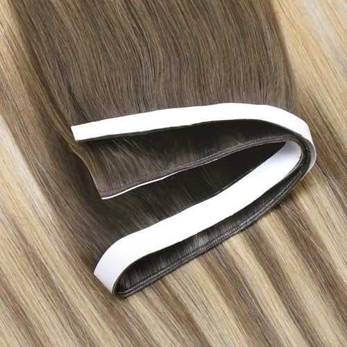 Image of LaaVoo Genius Tape in Weft Hair Extensions Invisible Tape in Hair Extensions Ombre Light Brown to Blonde Tape Weft Hiar Extension Remy Human Hair 22inch 4pcs 120g