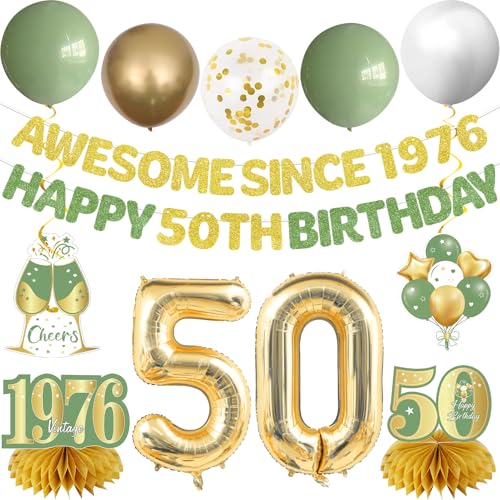 Kuxriox 50th Birthday Decorations Kit for Women Men, 12Pcs Sage Green
