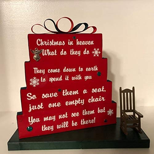 Christmas in Heaven, save them a seat, one empty chair, Christmas Red with red and green ribbon, green rhinestones and snowflakes with small Rocking chair