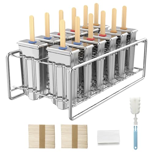 TOCCOOL Pacote com 12 moldes de picolé de aço inoxidável, moldes de picolé de gelo caseiros com suporte, máquina de guloseimas de gelo de congelamento rápido de cabeça redonda reutilizável com palitos