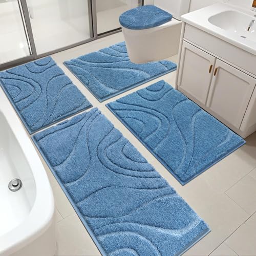 HEBE Bathroom Rugs Sets 5 Piece, Soft Absorbent Microfiber Bath Mat for Bathroom, Non Slip Washable Bath Rug Set with Toilet Cover, Bath Runner and U-Shaped Contour Toilet Rug, Blue