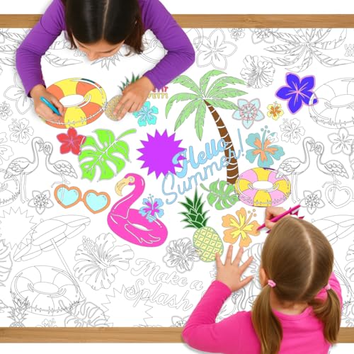 xo, Fetti Pool Party Paper Coloring Tablecloth - 9' x 4.5' | Summer Tablescape, Palm Tree Dinner Party Setting, Kids Birthday Decoration, Cute Tablecover, Beach Table DIY