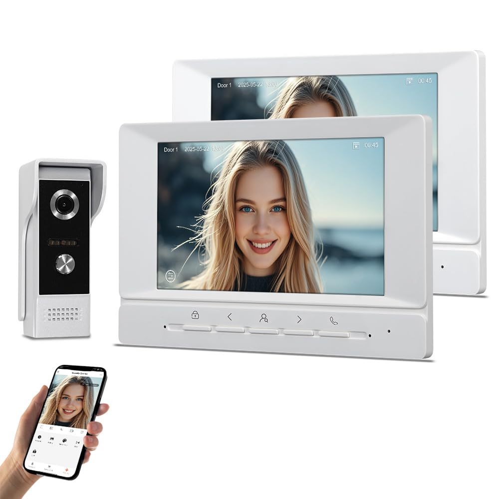 Téléphone de Porte Vidéo du Système d'intercom WiFi 1080P HD Sonnerie Vidéo de Caméra avec 2 Moniteurs 7 Pouces, Vision Nocturne IR, Audio Bidirectionnel, Enregistrement, APP Tuya
