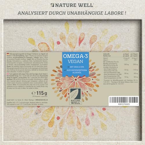 Omega-3 Vegan 180 Kapseln hochdosiert, 2000mg Omega-3 Algenöl pro Tag mit 600mg DHA & 300mg EPA, veganes Omega aus nachhaltigem Anbau als Fischöl-Alternative, laborgeprüft mit Zertifikat, NatureWell 6