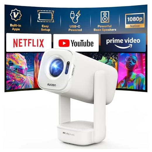 Aurzen D1 air Smart Portable Projector with WiFi and Bluetooth, USB-C Powered, Easy Auto Setup, 16W Dolby Audio, Built-in Official Apps, Native 1080P HDR10, Outdoor Movie Projector 4K Supported, White