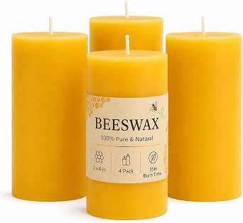 Natural Beeswax Pillar Candles, 2x4 Inch, 4 Pack, 140 Hours Long Burn