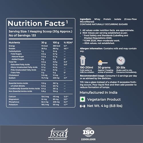Image of Nutrabay Pure 100% Clean & Authentic Whey Protein Isolate Powder 26.5g Protein, 6.2g BCAA per Serving, NABL Lab Tested - Muscle Growth & Recovery - 4kg, Unflavoured