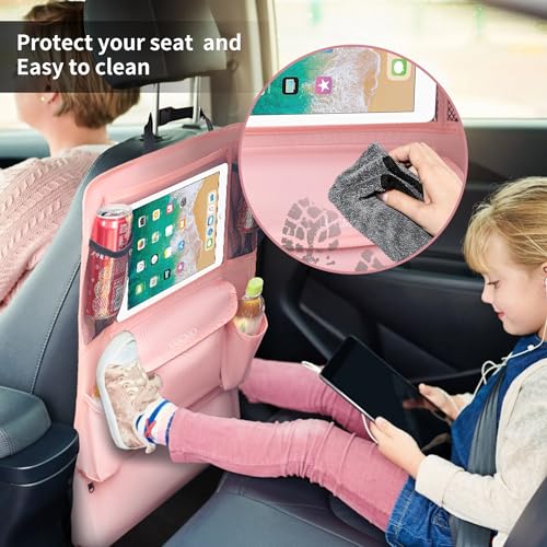 Image of LUCMO Car Backseat Organizer with Touch Screen Tablet Holder, Pink | 9 Storage Pockets,Clear Tablet Holder,Protectors Kick Mats,Travel Accessories,Seat Cover,Road Trip Essentials