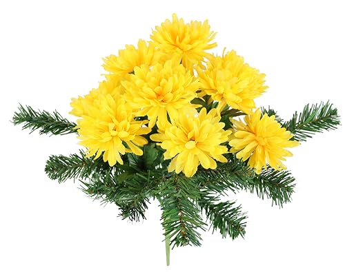 Bouquet mit Chrysanthemen und Tannenzweigen Grabblume Kunstblume Aufleger Arrangement Strauß Blume Tischdeko Gesteck Deko Grabdeko Grableger Grabschmuck Friedhofsgesteck Friedhofsdeko Trauerdeko