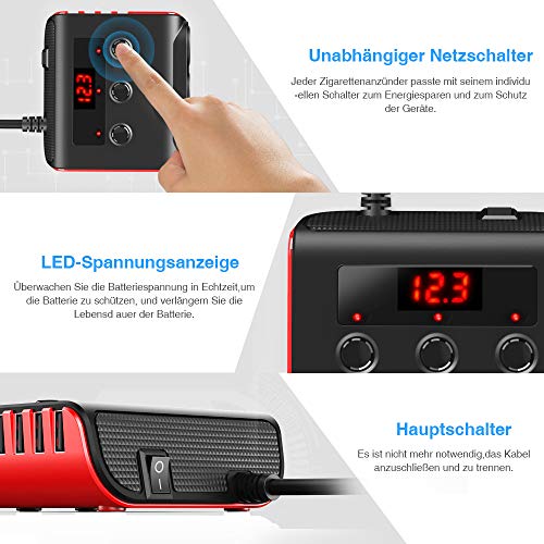 Auto Ladegerät Adapter, SONRU 3 Fach KFZ Zigarettenanzünder Verteiler mit 4 USB Ports, 120W 12V/24V DC Mehrfach Steckdose Splitter mit LED Voltmeter Getrennte Schalter für GPS/Dash Cam/Telefon
