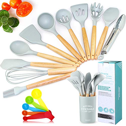 Benss Ensemble d'ustensiles de Cuisine, 13pcs Ensemble d'ustensiles de Cuisine en Silicone, Outils de Cuisson Turner Tongs Spatula Spoon pour cuillère antiadhésive résistant à la Chaleur, Gris